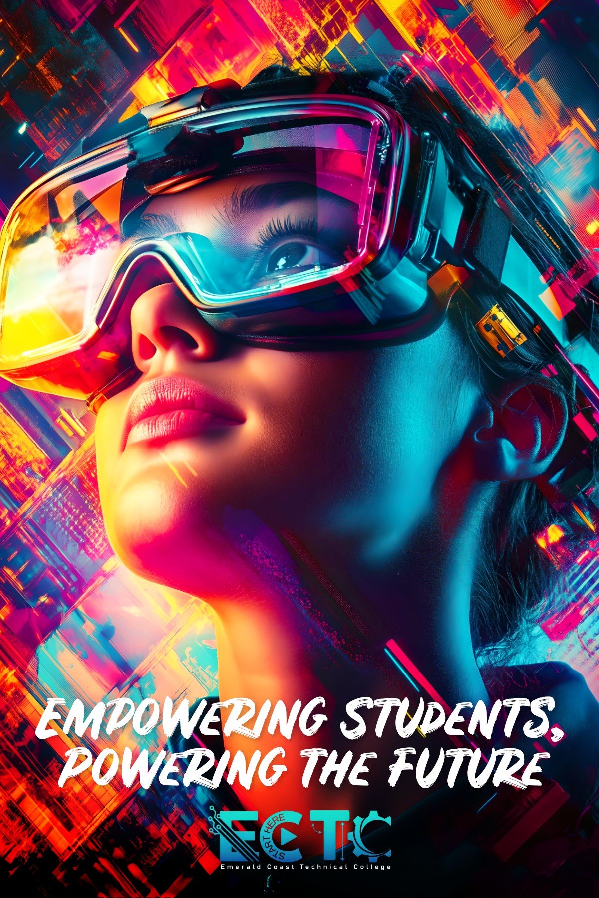 A futuristic student wearing vibrant, high-tech augmented reality (AR) goggles, symbolizing the power of gamified learning through immersive technology.