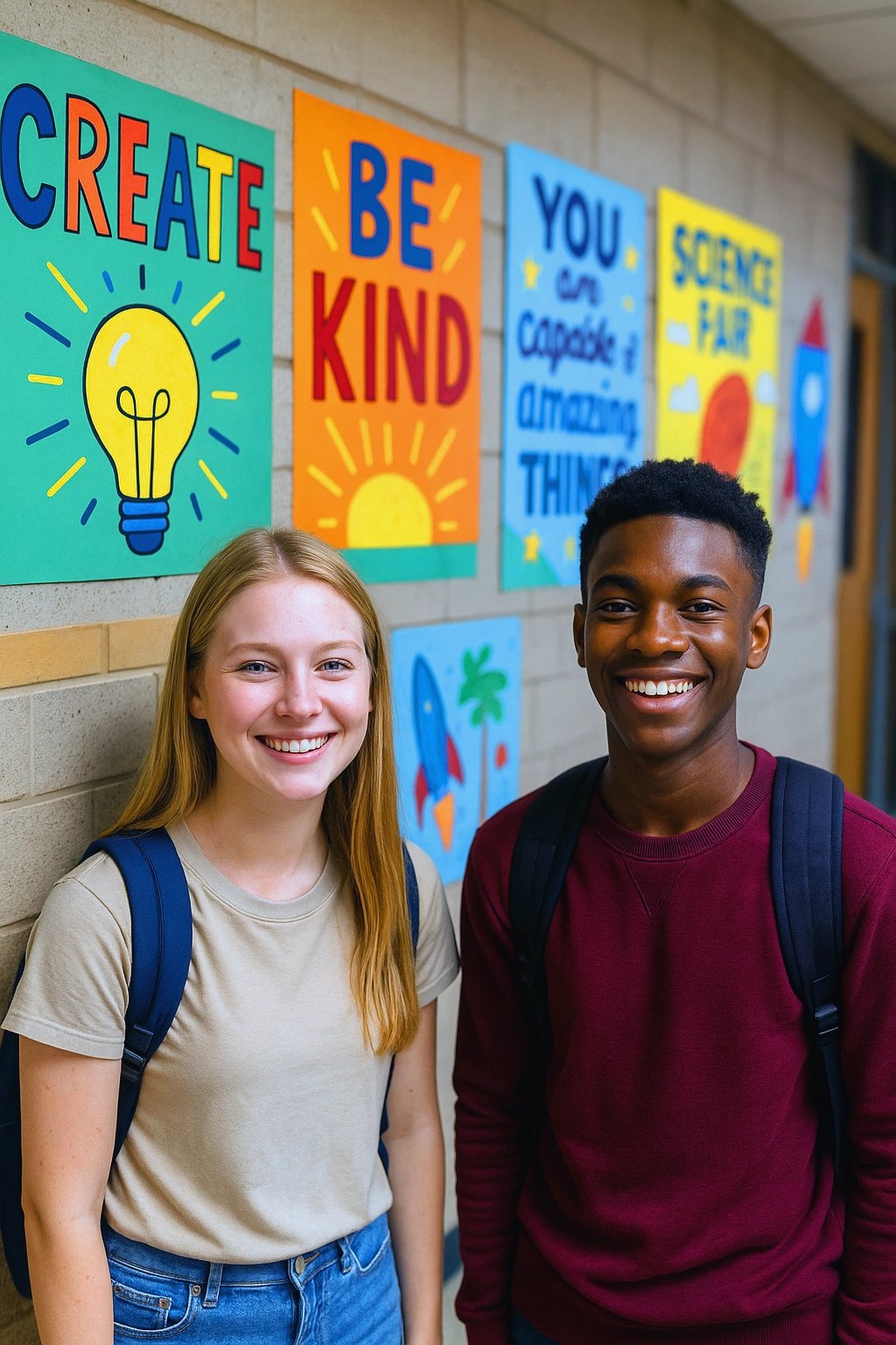 Students standing in front of colorful motivational posters on the wall, created using a poster maker machine for school