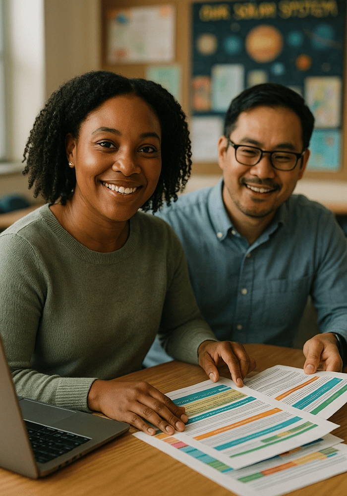 Two smiling teachers review colorful grant worksheets on a laptop‑topped desk, planning how to fund poster makers for schools