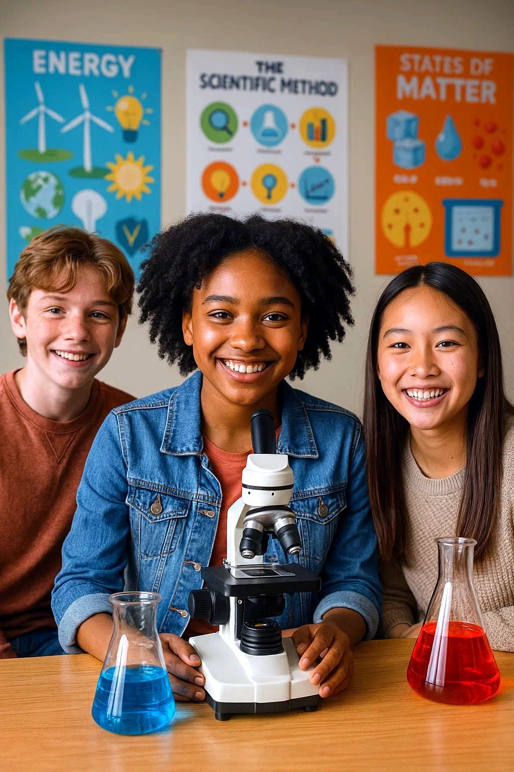 Three students in a science class with educational posters in the background created using a poster maker for schools
