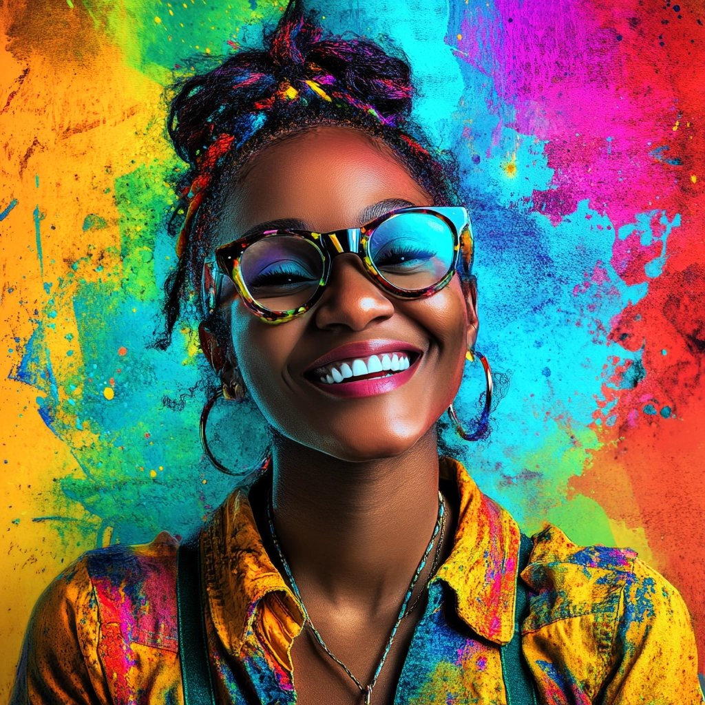Smiling teacher in vibrant colors, standing against a bold, colorful painted background