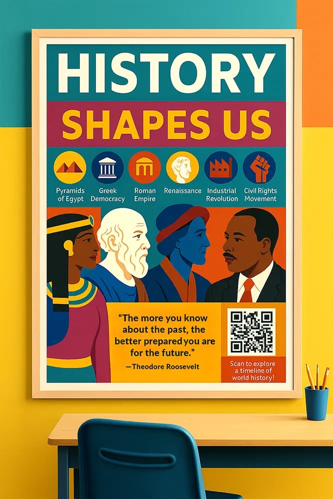 Colorful high school history poster featuring historical figures and timeline created on school poster maker