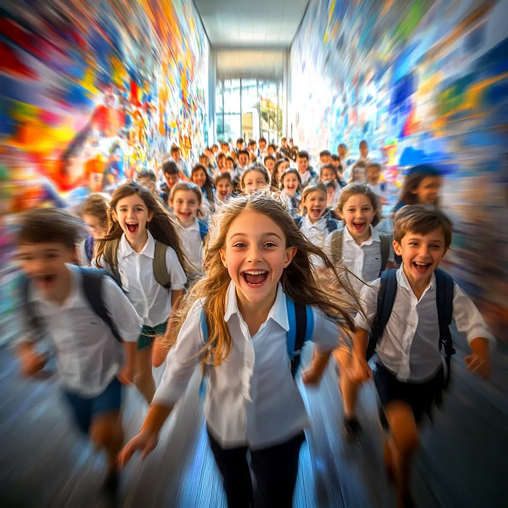 Excited students running through a hallway filled with colorful posters made using poster makers for schools