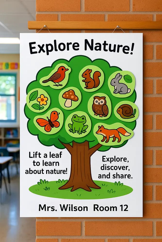 Interactive “Explore Nature!” classroom poster with animal illustrations and a tree of liftable leaves