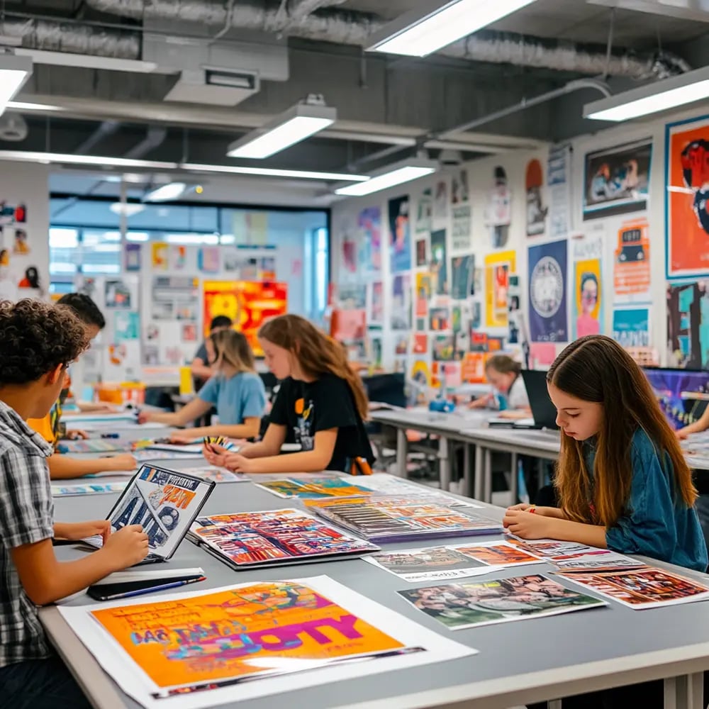Middle and high school students creating colorful posters in a classroom filled with visual projects made using poster makers for schools