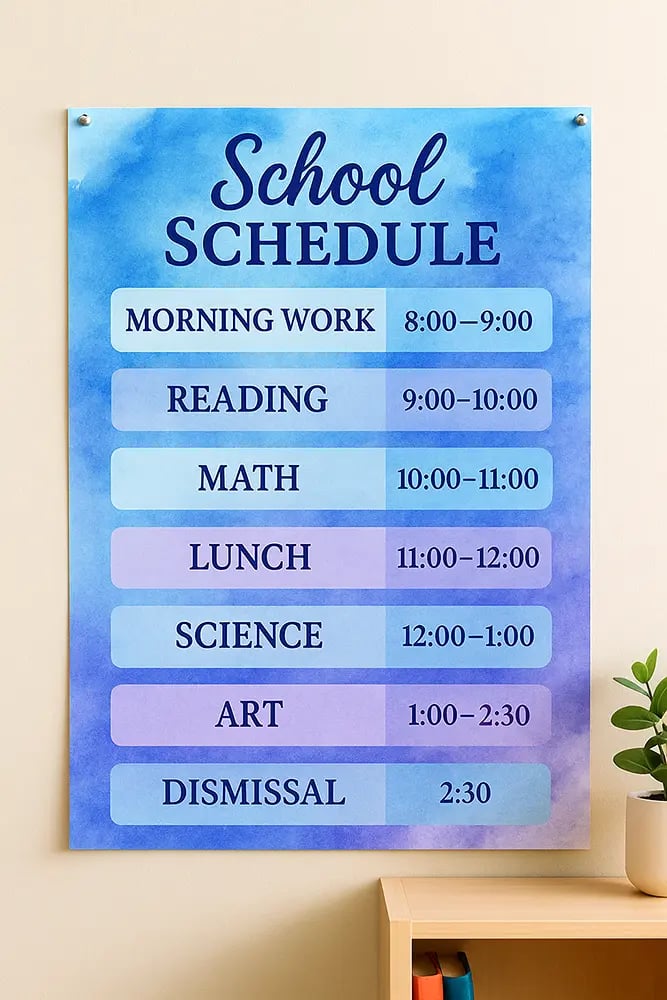 Colorful classroom poster showing a daily school schedule created with a poster maker