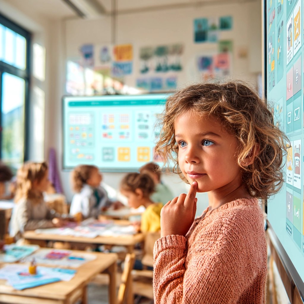 Young girl with curly hair stands thoughtfully in a calm, sensory-friendly classroom with a visual schedule poster behind her