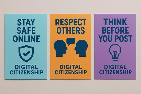 Campaign posters creating schoolwide impact Digital citizenship campaign posters displayed