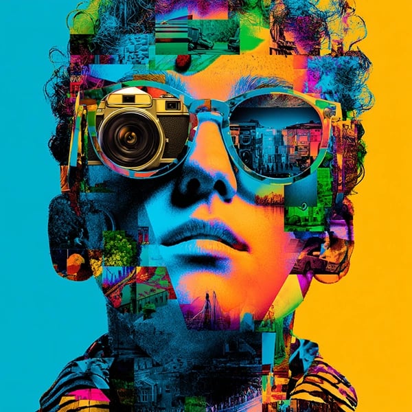 Digital collage of a student wearing camera-lens sunglasses, symbolizing digital awareness and online perspective
