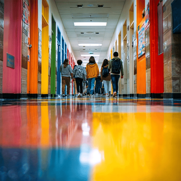 Students walking down a brightly colored school hallway used for clear poster-based emergency communication