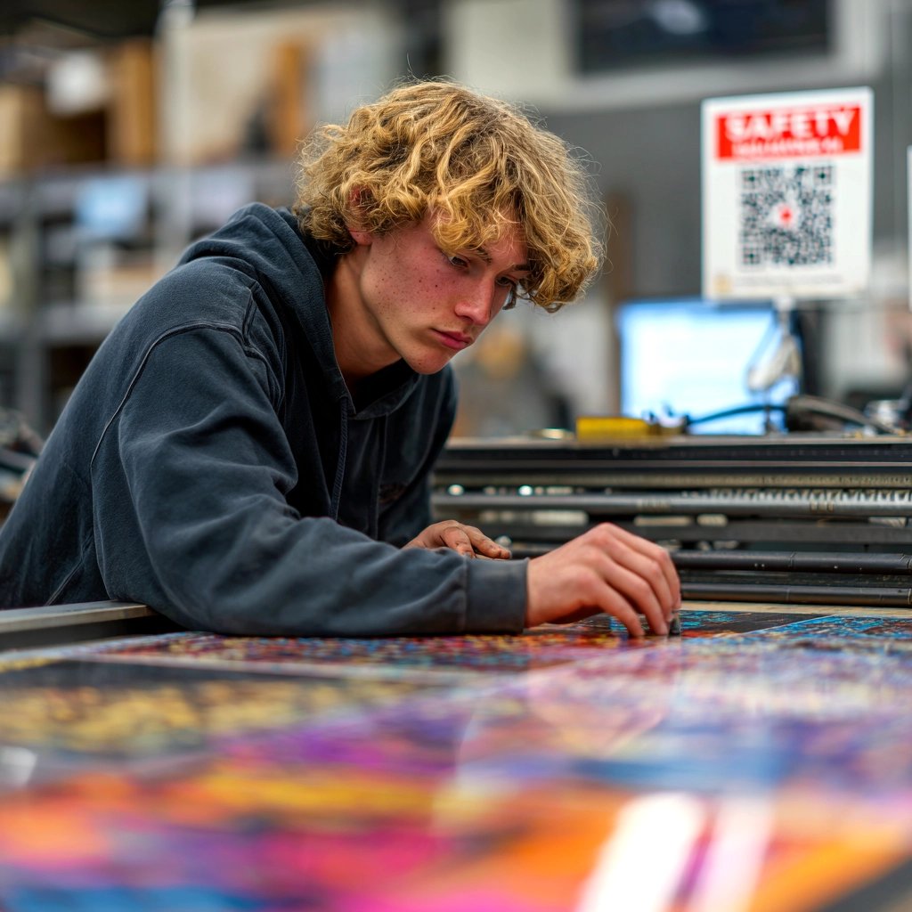 Teen student using a large-format poster printer in a school makerspace, focused on colorful safety visuals