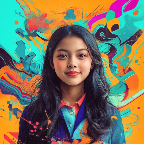 Confident student stands in front of a vibrant, abstract background symbolizing growth and learning
