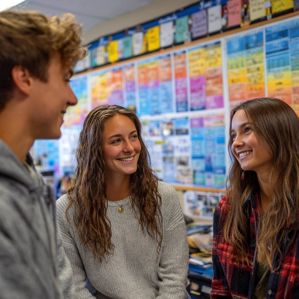 Three high school students talking in front of a colorful wall of posters in a guidance office