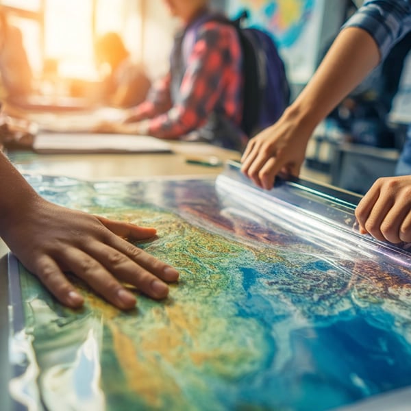 Students laminate a large, colorful educational map on a classroom table with sunlight streaming in