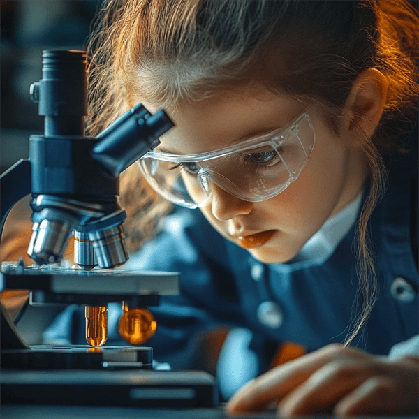 Young girl in safety goggles closely examining a microscope during a STEM classroom activity