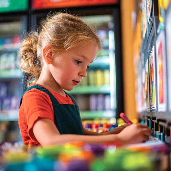Young girl using a school poster maker machine to create colorful labels