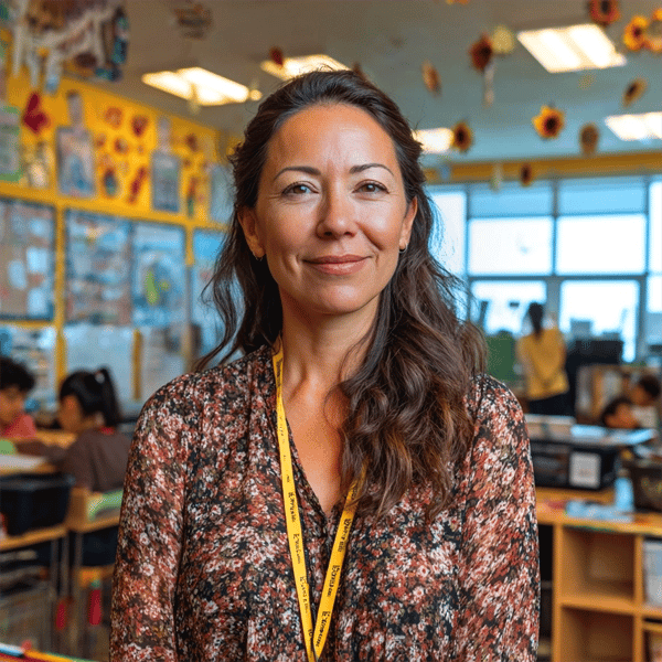 Confident school teacher standing in a colorful classroom with students working in the background