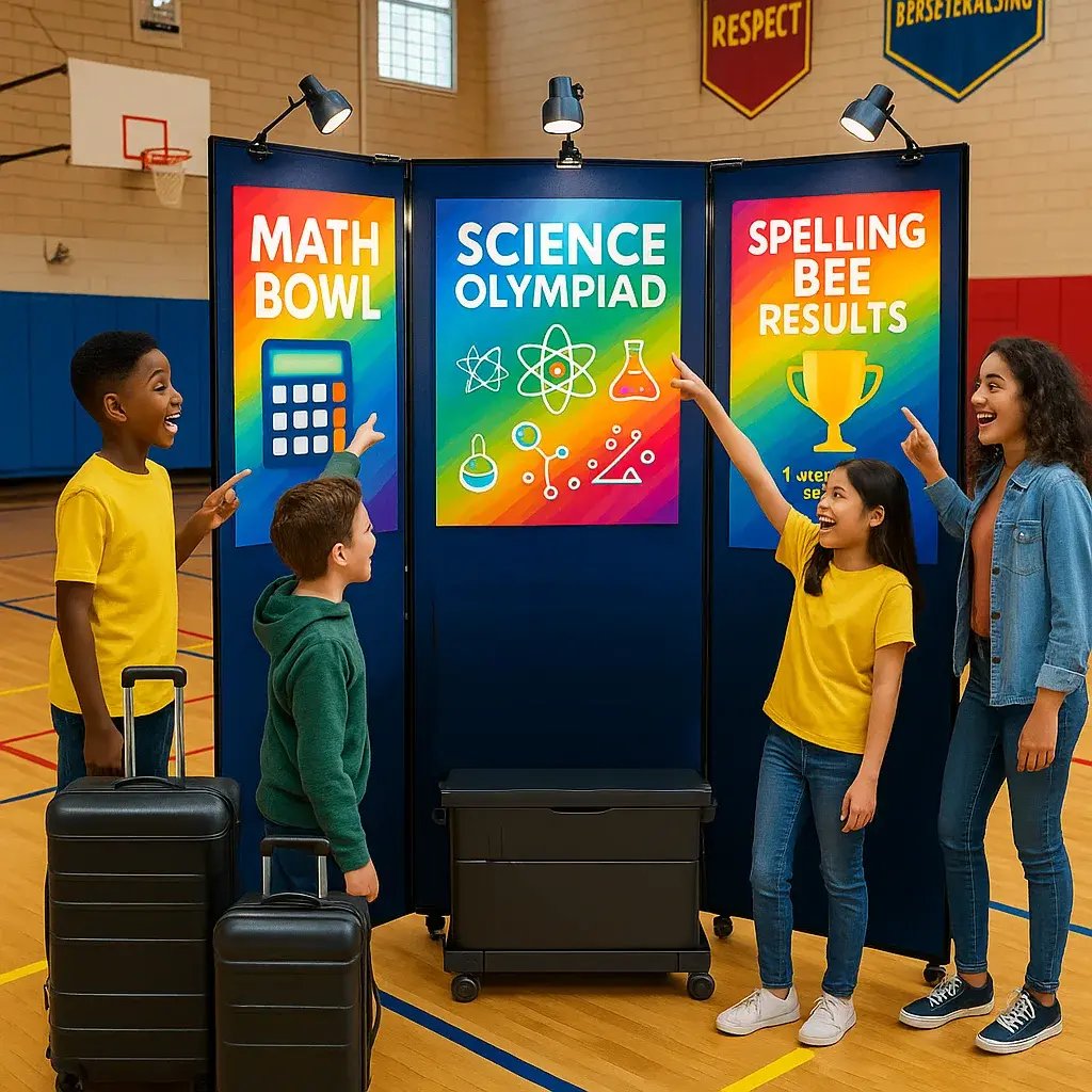A vibrant, wide-angle photograph a portable tri-fold display system set up in a school gymnasium. The display features colorful academic competition posters.