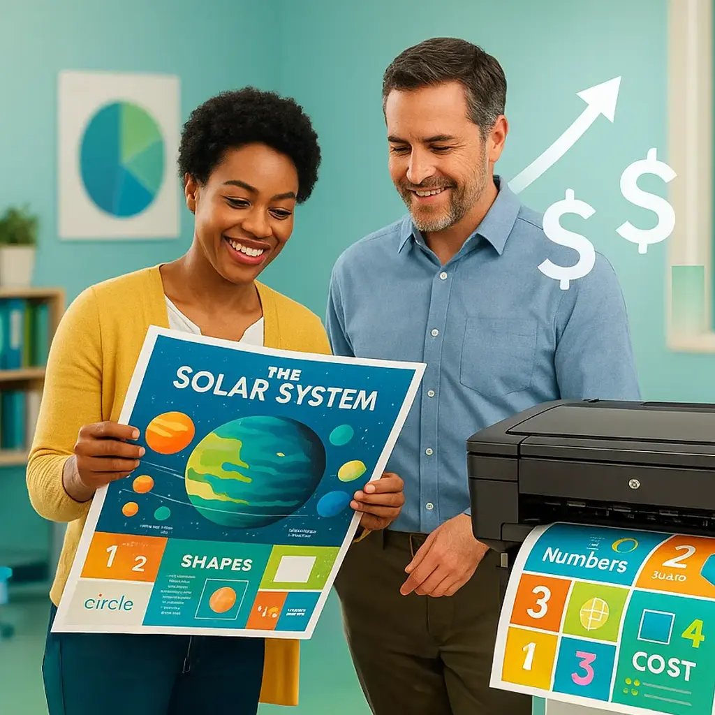 A professional, data-driven hero image for a blog post about school poster printer ROI.