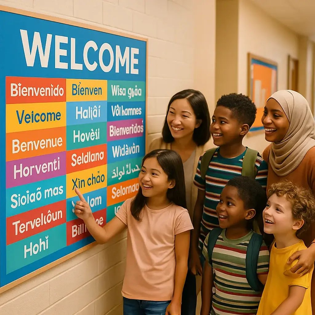 A vibrant, warmly-lit elementary school hallway a large "Welcome" poster display greetings in 15+ languages arranged in a colorful mosaic pattern.