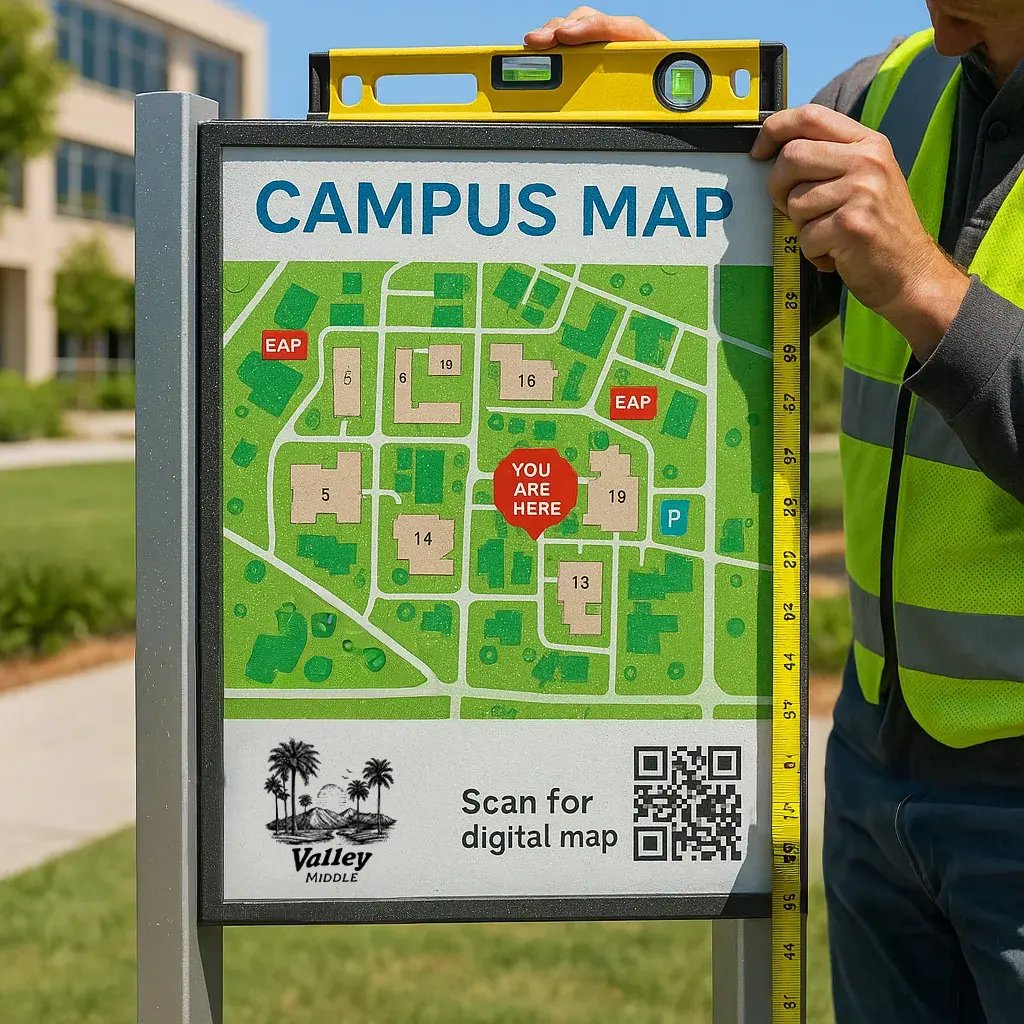 A close-up photograph of a outdoor campus map sign being installed by maintenance staff. The sign features a full-color campus map building identification, emergency assembly points marked in red,