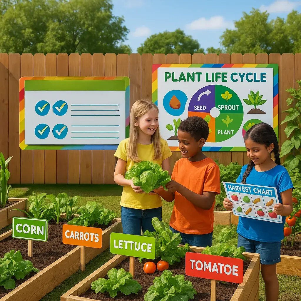A vibrant, educational scene an elementary school garden colorful weatherproof poster displays. Include visible plant identification markers on stakes, a large plant life cycle chart.