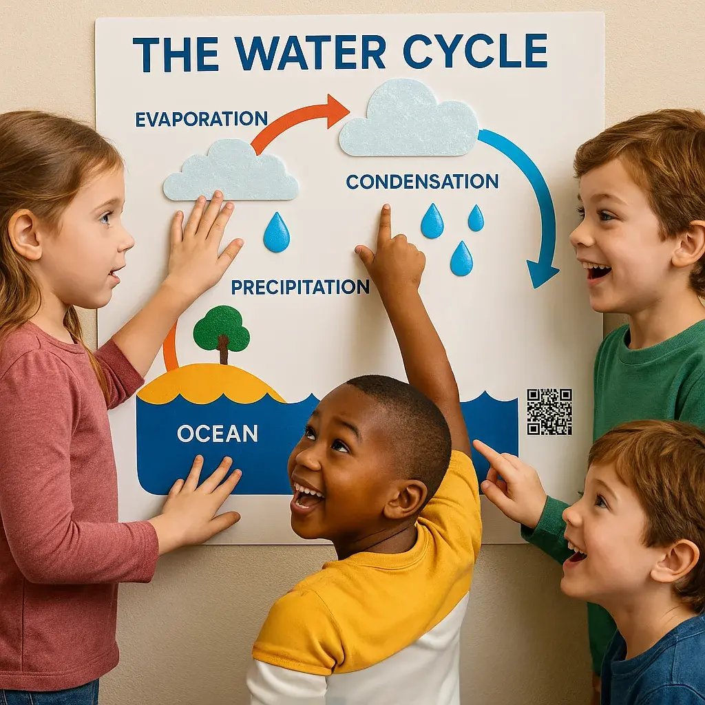 A close-up photograph of excited elementary students interacting a large, professional-quality poster the water cycle. The poster features bright, primary colors clear arrows water movement.