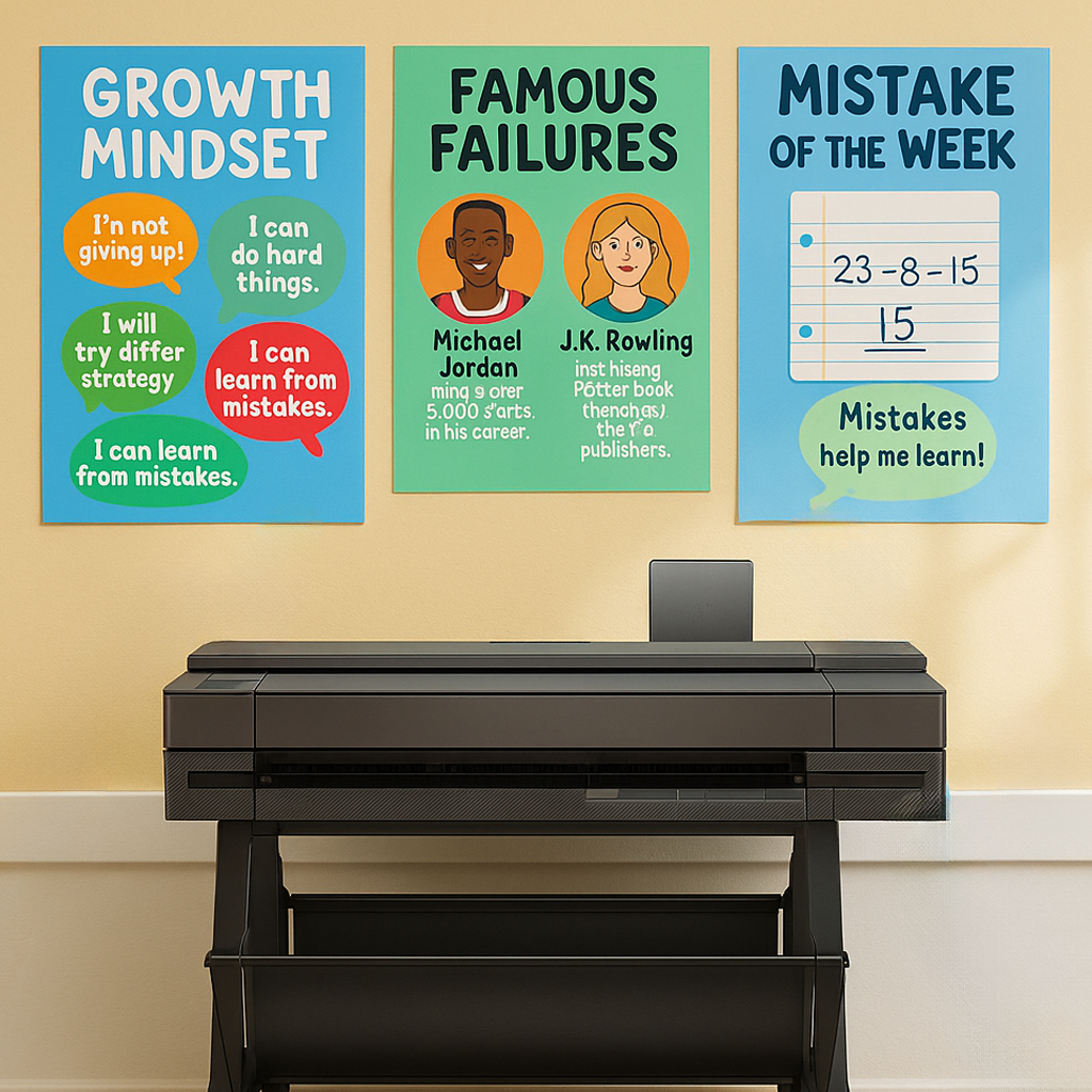 A bright, cheerful first-grade classroom wall colorful growth mindset posters. Show a "Famous Failures" display cartoon-style illustrations of Michael Jordan, J.K. Rowling, and Thomas Edison