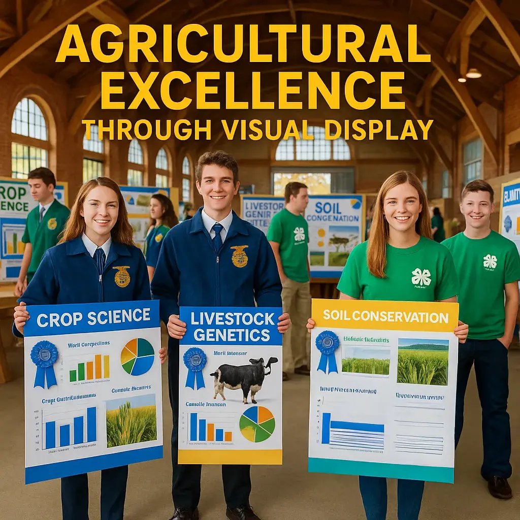 A vibrant, wide-format educational scene FFA and 4-H students at a state fair agricultural exhibition hall. In the foreground, teenagers in blue FFA jackets and green 4-H shirts proudly display