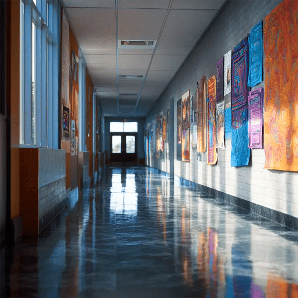 School Hallway with Posters Printed on Glossy and Matte Poster Paper Colorful school posters printed on glossy and matte poster paper hanging in a bright school hallway for student projects and displays