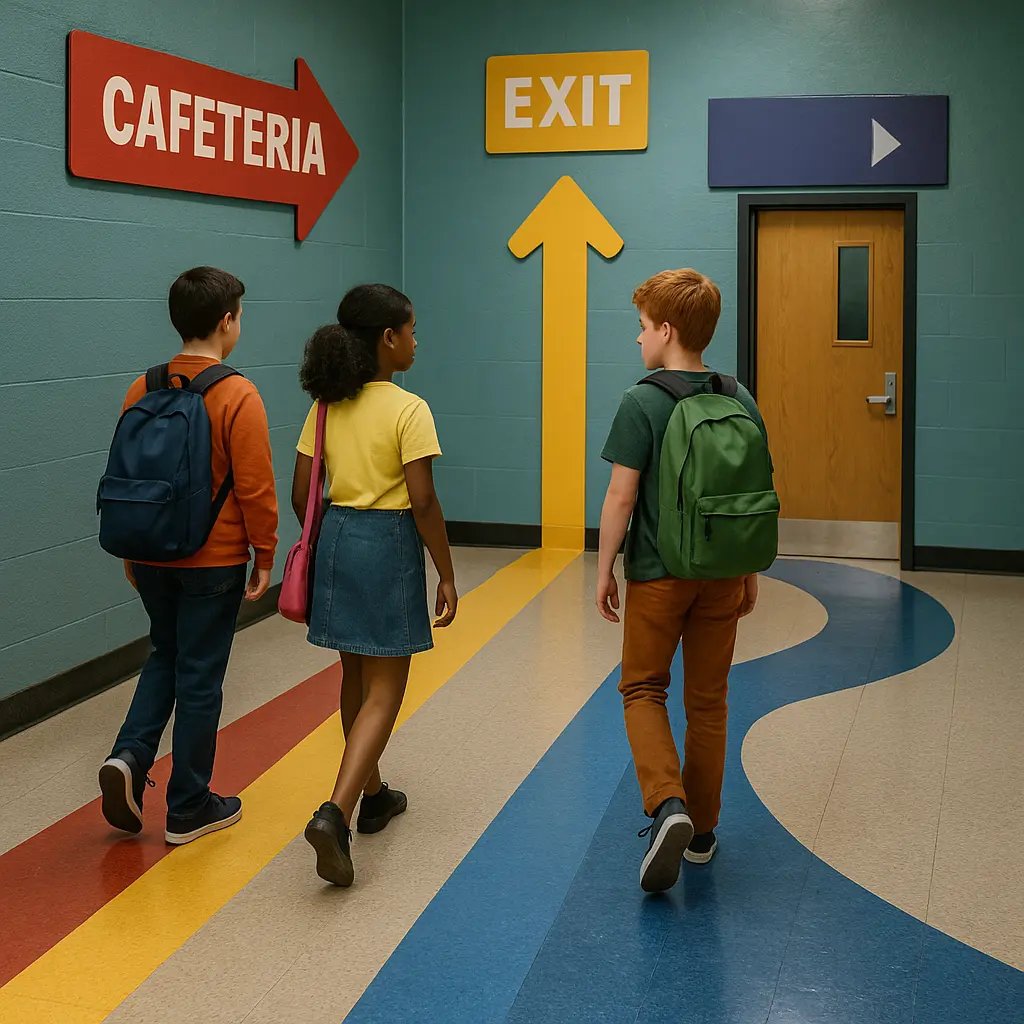 Three school children with backpacks walk down a brightly lit hallway, following colorful floor paths marked red, yellow, and blue that lead to the cafeteria, exit, and classroom.