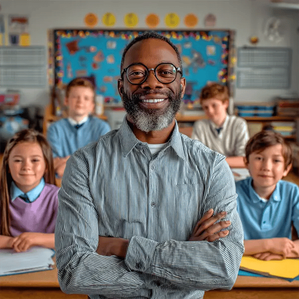 Teacher with students in a classroom decorated with paper posters printed on matte and satin poster paper for education