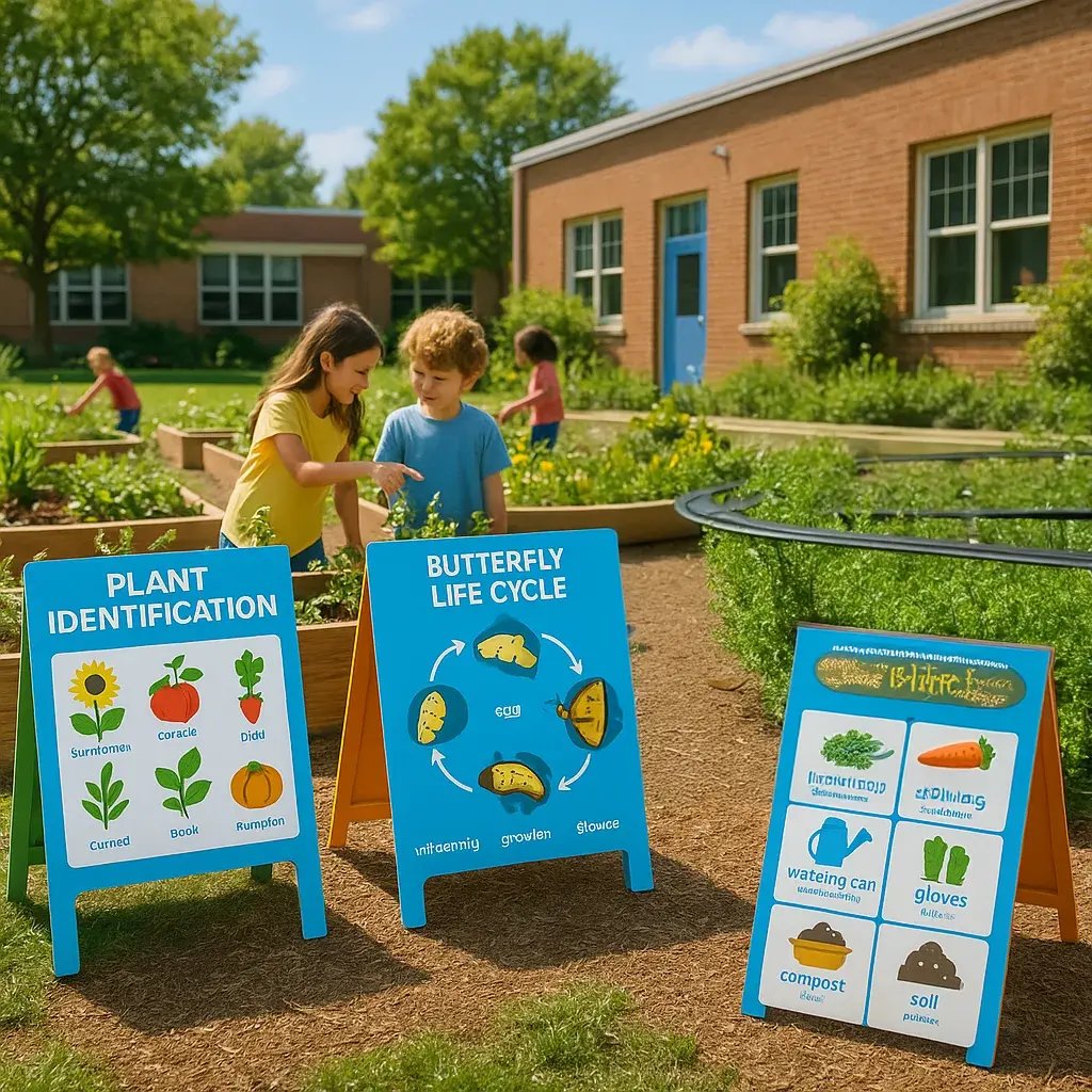 A vibrant, wide-angle photograph of an elementary school's outdoor learning garden on a sunny day.