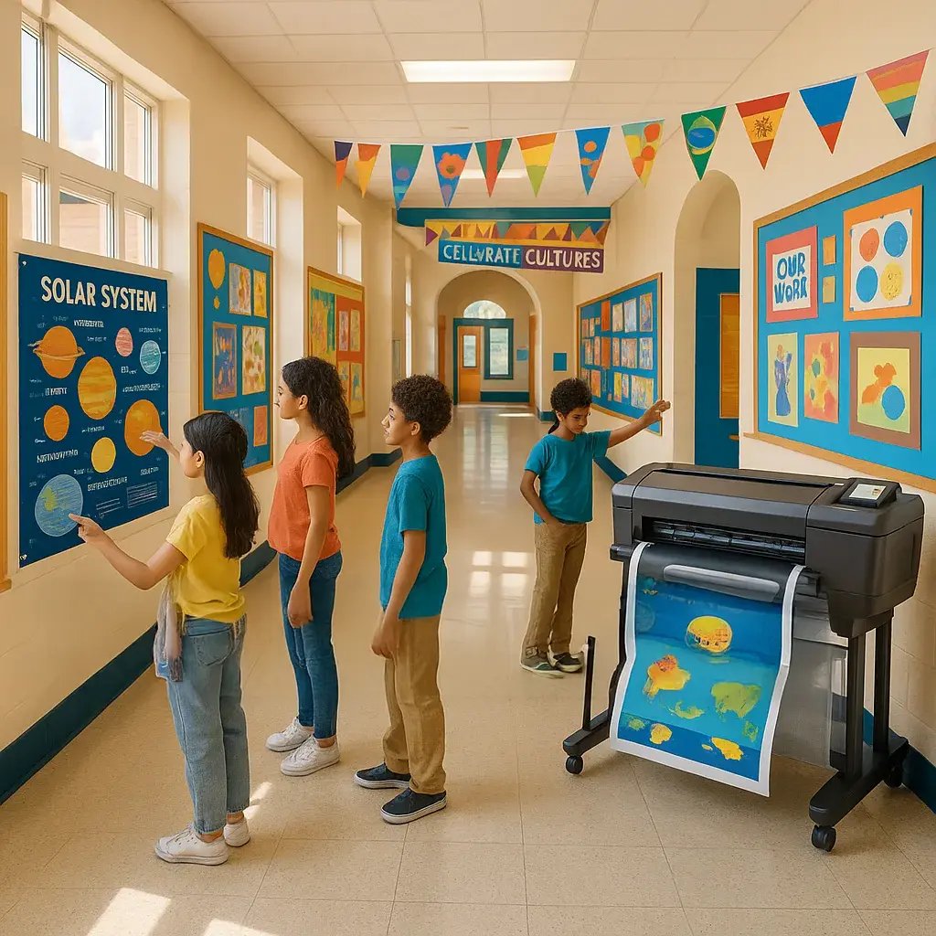 A vibrant, wide-angle photograph of a transformed school hallway colorful educational posters, student artwork displays, cultural celebration banners, and interactive learning stations.
