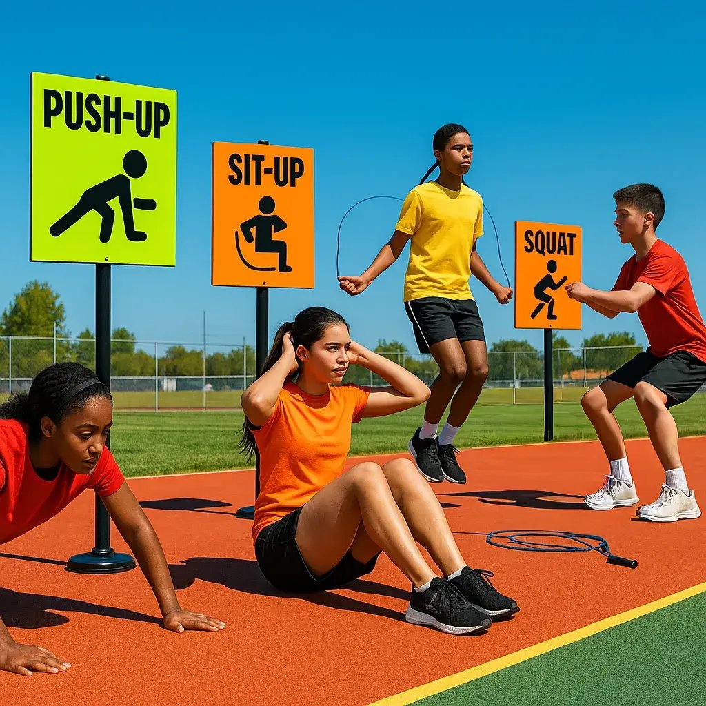 A dynamic outdoor physical education scene weather-resistant fitness circuit stations in sunlight. Include neon lime green and orange poster signs mounted on poles exercise instructions.