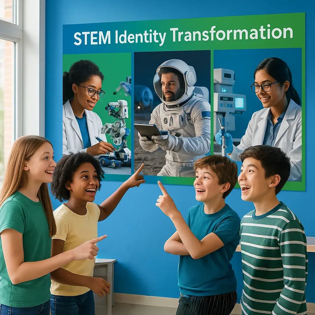 A vibrant, educational scene a diverse group of middle school students (ages 12-14) gathered around large-format STEM posters in a science classroom.
