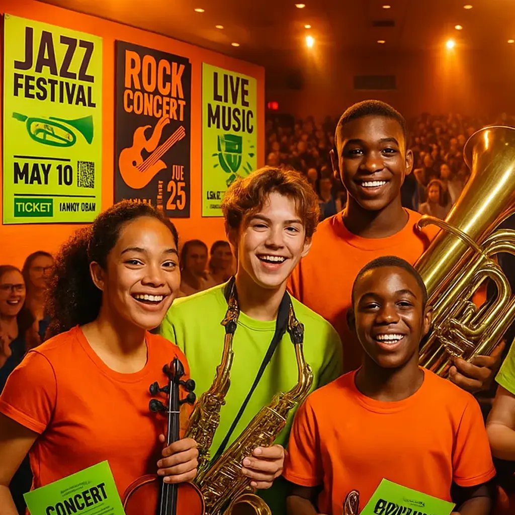 A vibrant, energetic scene a packed school auditorium colorful concert posters visible on the walls.
