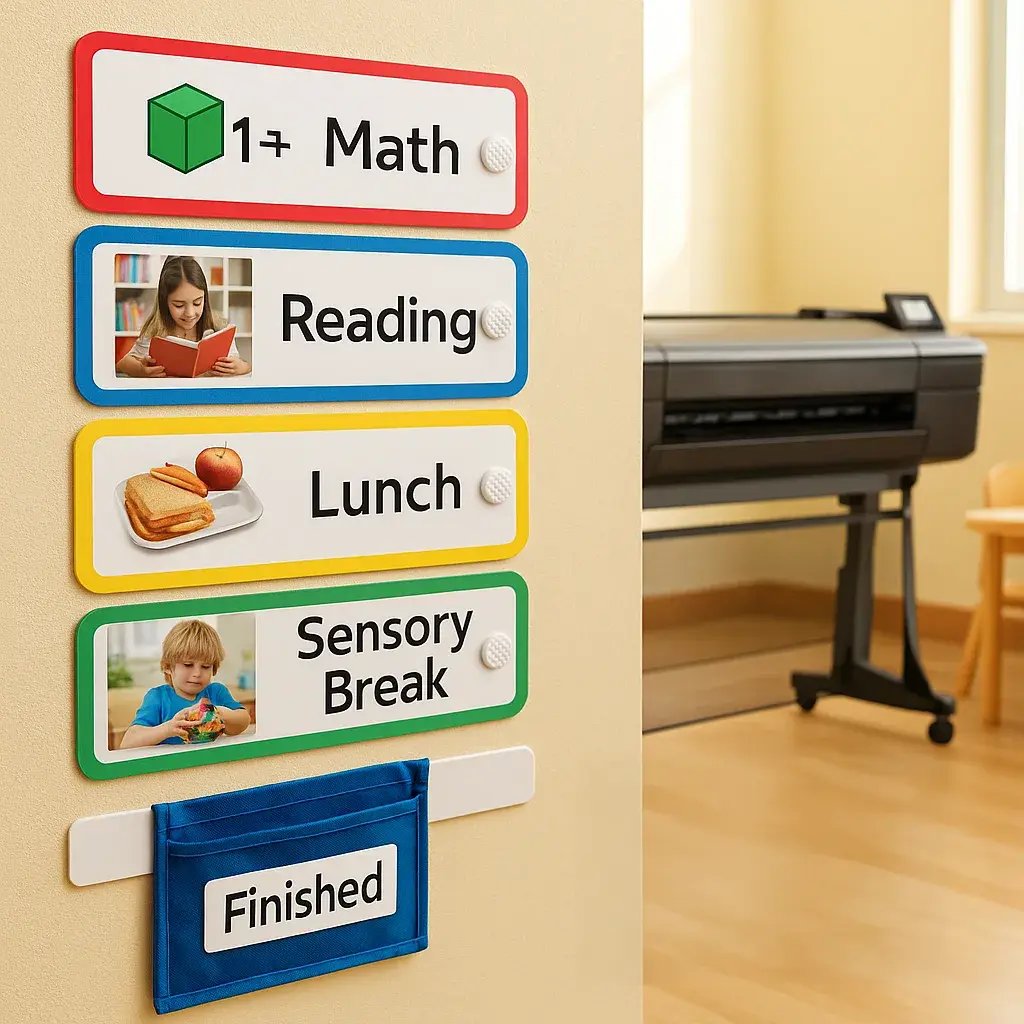 Close-up view of a color-coded visual schedule system mounted on a classroom wall at child height. Shows picture cards icons and photographs representing different daily activities (math, reading,
