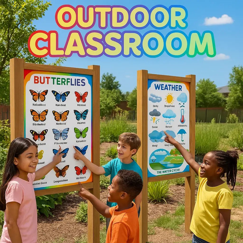 A outdoor classroom scene children engaged large weatherproof educational posters about butterflies and weather mounted on wooden posts in a school garden.