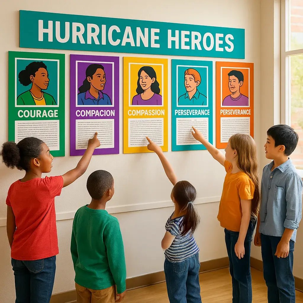 A vibrant, wide-format classroom display a gallery wall of colorful hurricane hero posters. The scene captures diverse students pointing excitedly at different hero stories mounted on the wall.
