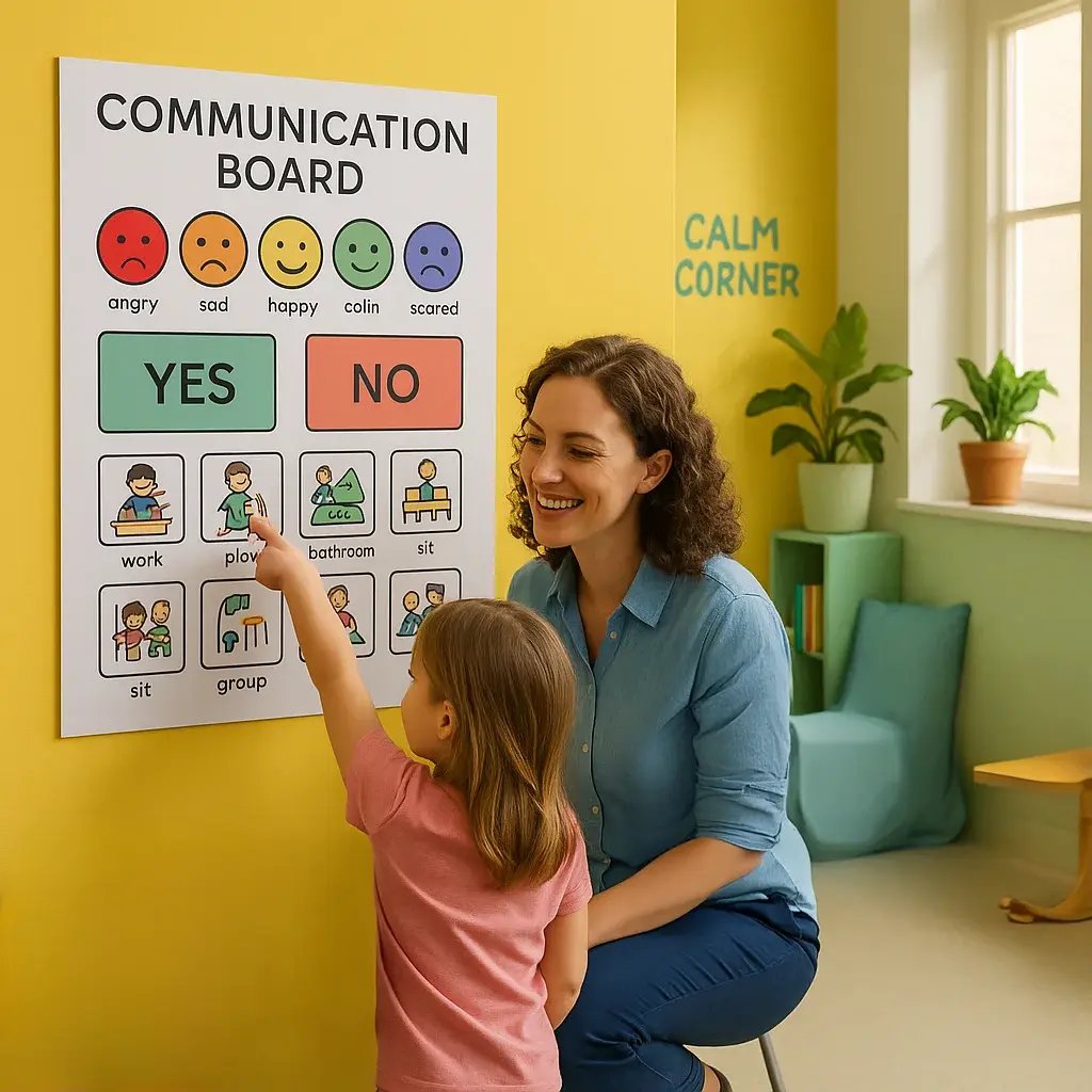 A bright, colorful classroom scene a first-grade teacher and a young student selective mutism working together at a communication board mounted on a sunny yellow wall.