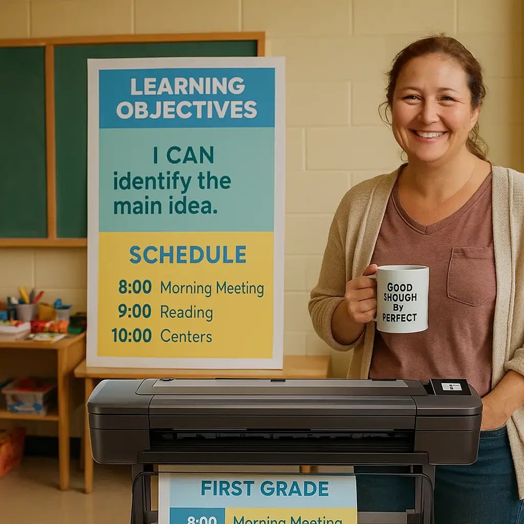 A warm, authentic classroom scene a tired but smiling first-grade teacher standing next to a simple, functional poster display created a poster printer.