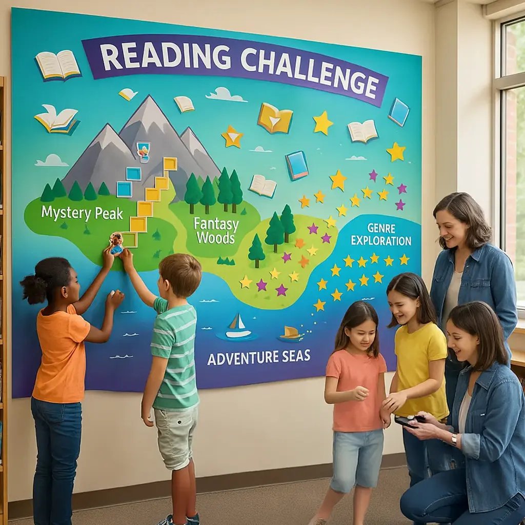A vibrant, wide-angle photograph of an elementary school library transformed into an adventure zone. The main focal point is a massive, colorful reading challenge wall spanning 15 feet.