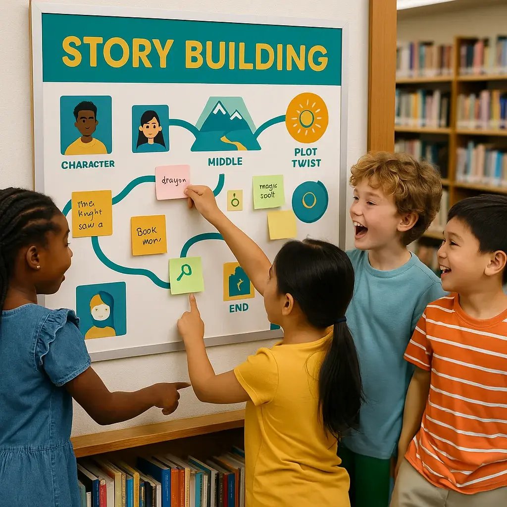 A close-up action shot of diverse elementary students (ages 7-11) collaborating around a story-building wall in a school library. The wall features a large poster an illustrated story map where