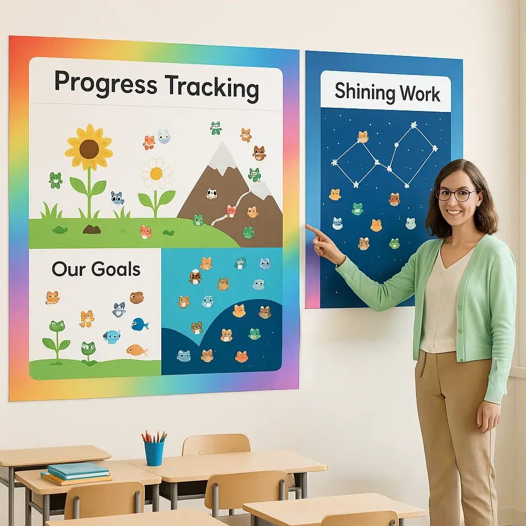 A bright, classroom a colorful data wall nature-themed progress tracking displays. The wall shows garden imagery flowers at different growth stages.
