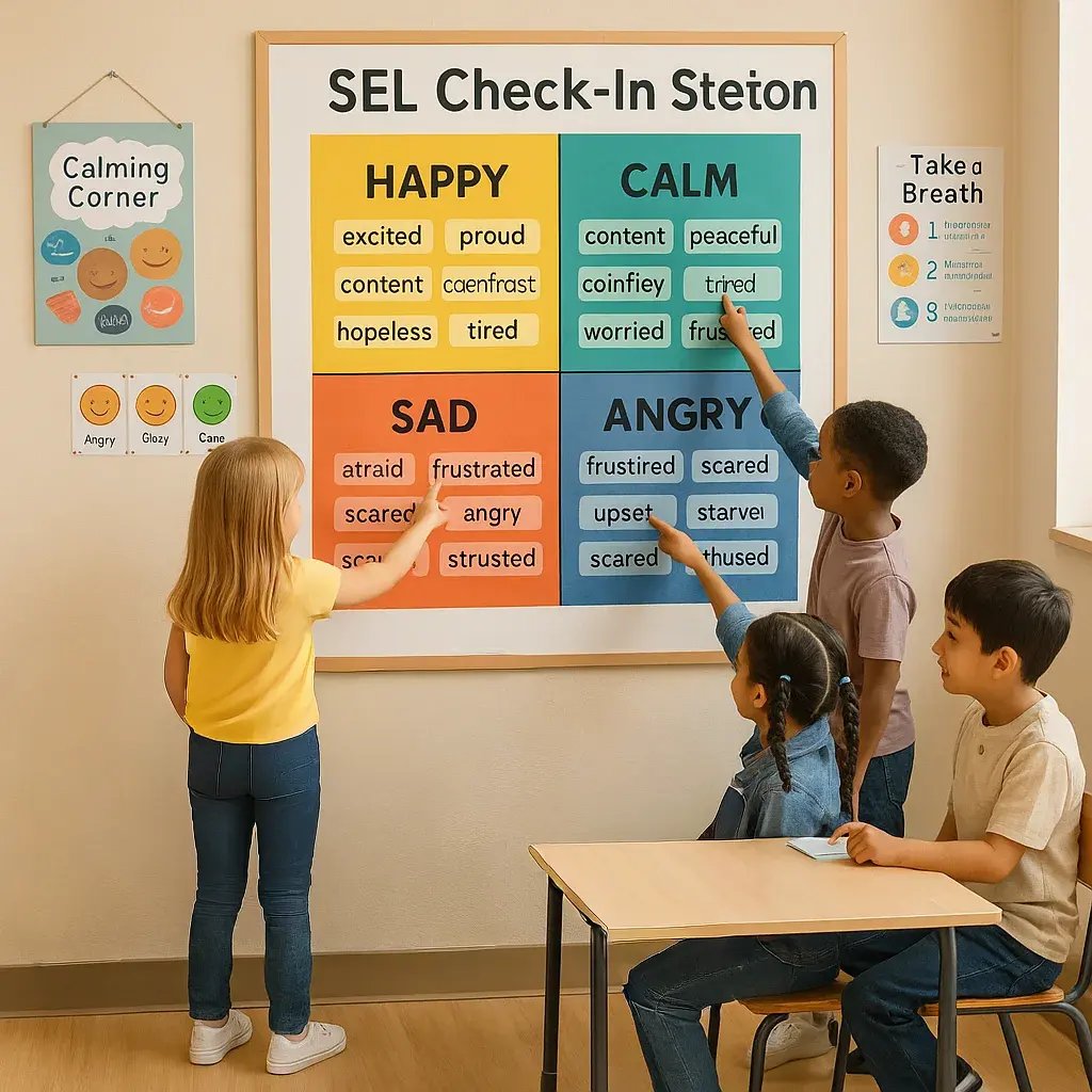 A bright, welcoming classroom scene a large, colorful mood meter poster on the wall students pointing to different emotions.