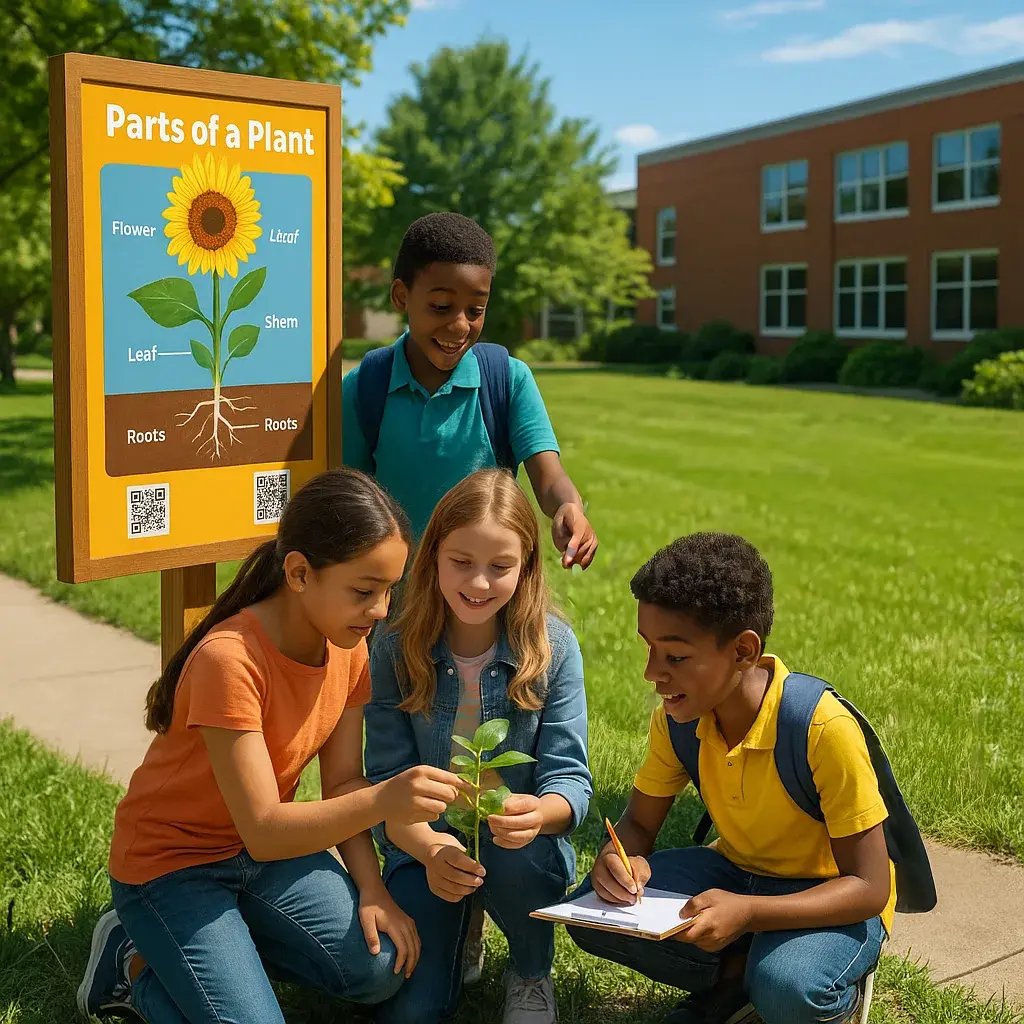 A vibrant, photorealistic image an elementary school outdoor learning station in sunshine with a weather-resistant educational poster about plant biology mounted on a wooden post.