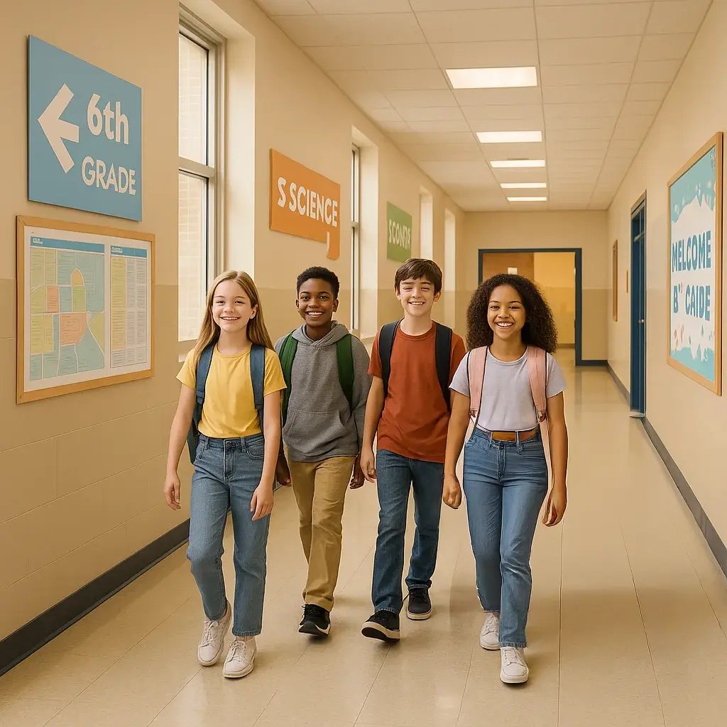 A bright, welcoming hallway scene in a middle school color-coded directional posters on the walls. Show happy 6th grade students (diverse group) confidently walking through the halls.