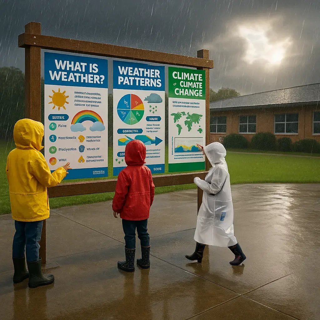 A dramatic wide-angle photograph an outdoor school learning station during a rainstorm, educational posters about weather patterns and climate science remaining perfectly intact despite heavy rain