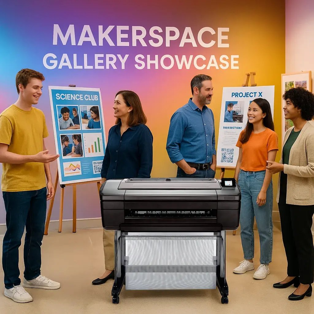 A vibrant, makerspace gallery showcase multiple poster displays student projects. Students in casual school attire are presenting their work to adults in business casual clothing.